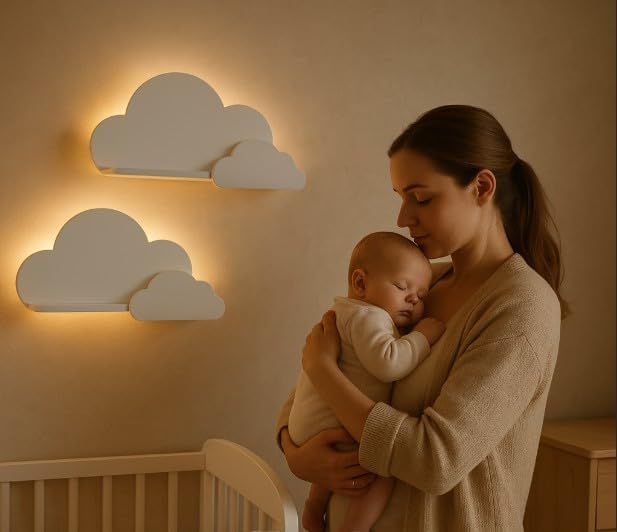 BugyBagy Cloud Wall Shelf – Decorative Wooden Floating Shelf for Nursery, Kids Room – Multiple Colors & Light Options (White Cloud Shelf - with Light)