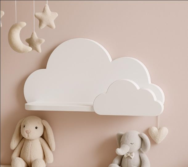 BugyBagy Cloud Wall Shelf – Decorative Wooden Floating Shelf for Nursery, Kids Room – Multiple Colors & Light Options (White Cloud Shelf – No Light)