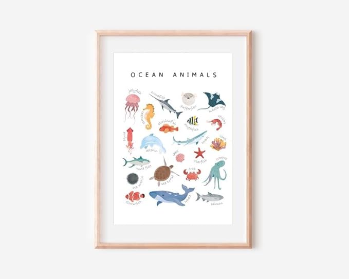 OZCONO Ocean Animals Learning Poster, Vibrant Sea Life Chart Kids, Preschool Wall Decor Art, Homeschool Education Guide (Unframed) (11x14)