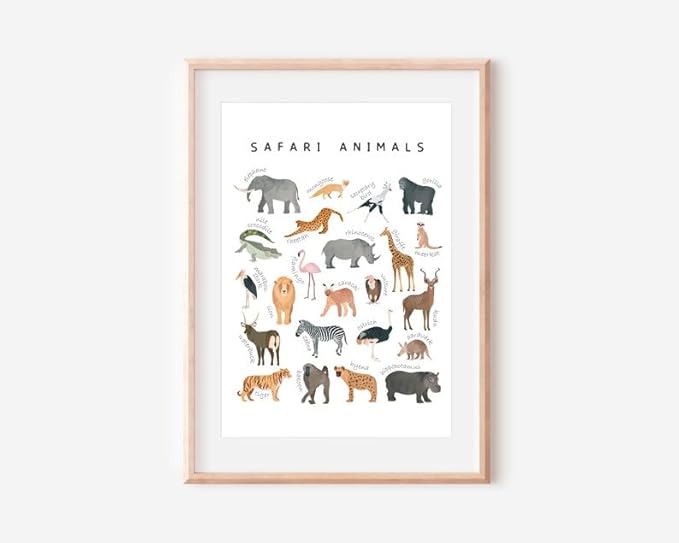 OZCONO Safari Animals Poster, Educational Jungle Chart for Kids, Playful Nursery Wall Decor, Montessori Learning, Homeschool Wildlife (Unframed) (16x24)