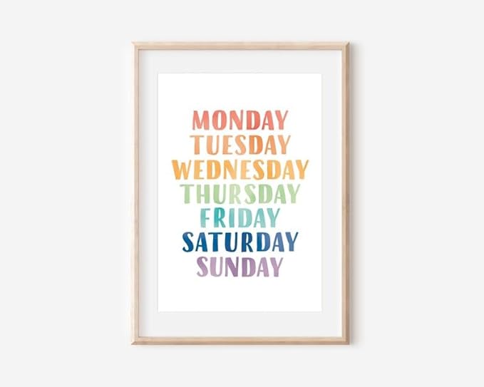OZCONO Rainbow Days Week Poster, Colorful Learning Chart Kids, Preschool Wall Decor Art, Homeschool Education Guide (Unframed) (20x30)