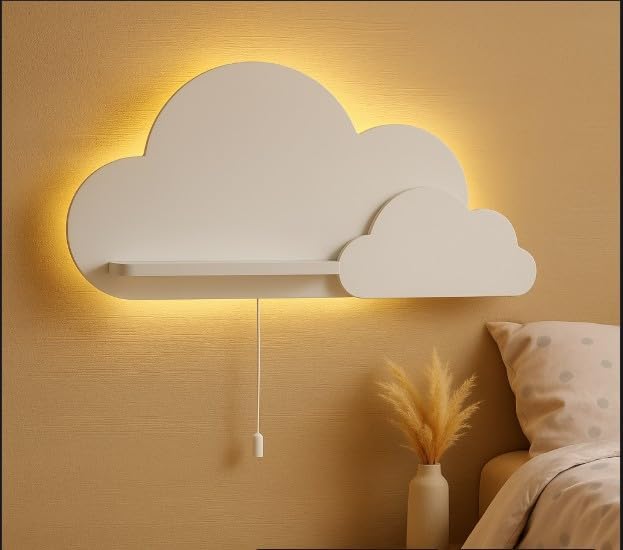 BugyBagy Cloud Wall Shelf – Decorative Wooden Floating Shelf for Nursery, Kids Room – Multiple Colors & Light Options (White Cloud Shelf - with Light)