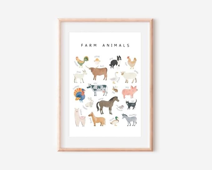 OZCONO Farm Animals Learning Poster, Vibrant Rural Wildlife Chart Kids, Playroom Wall Decor Art, Homeschool Education Guide (Unframed) (20x30)