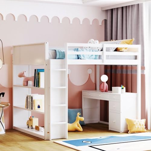 CITYLIGHT Kids Loft Bed with Desk and 4 Drawers, Full Size Wooden Loft Bed Frame with 3 Open Shelves (Full, White)