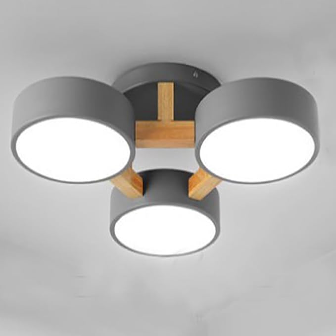 LED Flush Mount Ceiling Light Fixture with 3000K/4000K/6000K Temperatures Selectable,21Inch 33W Chandelier Modern Wood Ceiling Lamp for Bedroom Kitchen, 3-Lights Indoor Lighting Grey Pendant Light