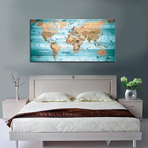 Large Wall Art Blue map of The World Painting Ready to Hang 20"x40"Large Framed Wall Art World Map Canvas Map Decorations Artwork Prints