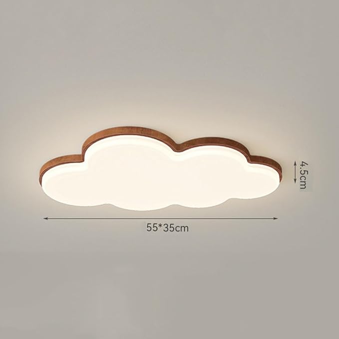 Cute Cloud LED Ceiling Light Wood Grain Edge White Flush Mount Fixture Diameter 55CM for Kids Room Nursery Bedroom Modern Decor Lighting