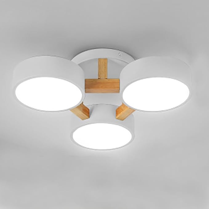 LED Flush Mount Ceiling Light Fixture with 3000K/4000K/6000K Temperatures Selectable,21Inch 33W Chandelier Modern Wood Ceiling Lamp for Bedroom Kitchen, 3-Lights Indoor Lighting White Pendant Light