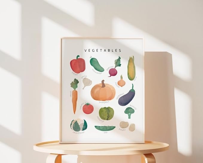 OZCONO Vegetables and Fruits Educational Posters, Harvest Chart Kids, Classroom Decor, Rainbow Nursery Wall Art, Homeschool Education Guide (Unframed) (12x18)