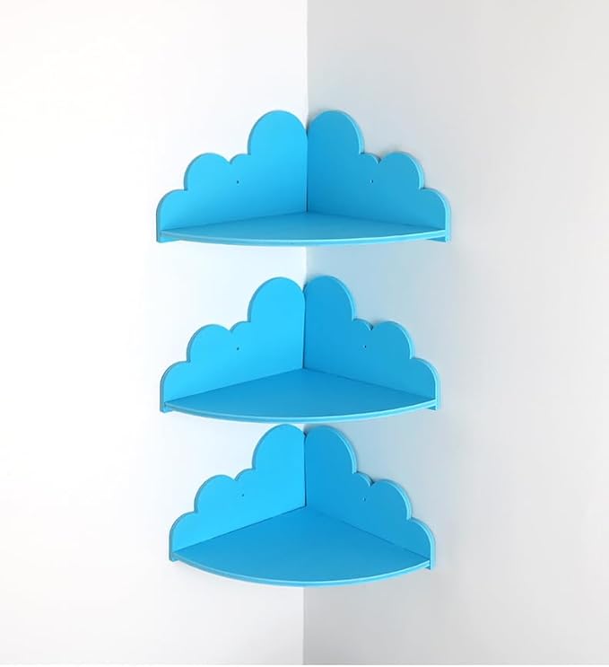 Cloud Wall Shelf Set of 3 Corner Hanging Shelf Nursery Book Shelf, Scalloped Design, Safe and Non-Toxic Sheet Wall-Mounted Background for Kids Bedroom, Toddler Room, Baby Room Decor