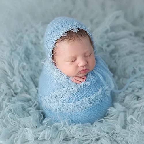 Vemonllas Newborn Infant Baby Boys Girls Photography Props Mohair Lace Hat and Wrap Blanket Cloth (Light Blue)