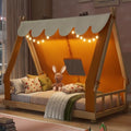 Twin House Bed for Kids with Light and Tent, Montessori Floor Bed Twin for Kids Girls Boys Teens Bedroom, Brown