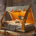 Full Size House Bed for Kids with Light and Tent, Montessori Floor Bed Full for Kids Girls Boys Teens Bedroom, Brown