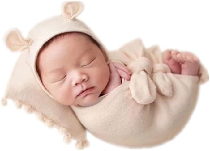 Vemonllas Newborn Baby Boy Girl Photography Props Bow Wrap, Posing Aid, Hat and Blanket Set of 4 Pcs