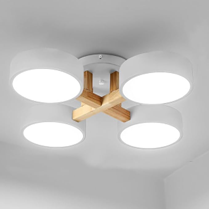 LED Flush Mount Ceiling Light Fixture with 3000K/4000K/6000K Temperatures Selectable,24Inch 44W Chandelier Modern Wood Ceiling Lamp for Bedroom Kitchen, 4-Lights Indoor Lighting White Pendant Light