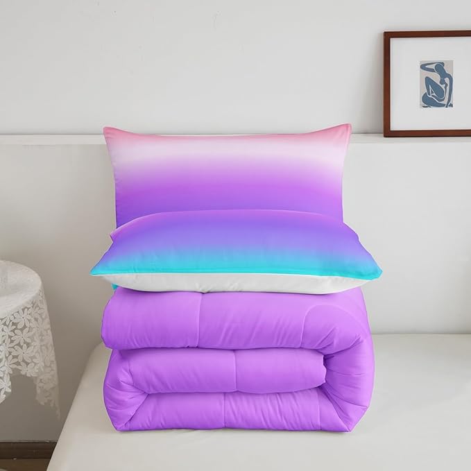 Feelyou Pink Purple Blue Comforter Twin Size, Rainbow Ombre Bedding Set Kids Toddler Colorful Gradient Comforter Set for Boys Girls Colorful Duvet Set Durable Bed Set 2Pcs