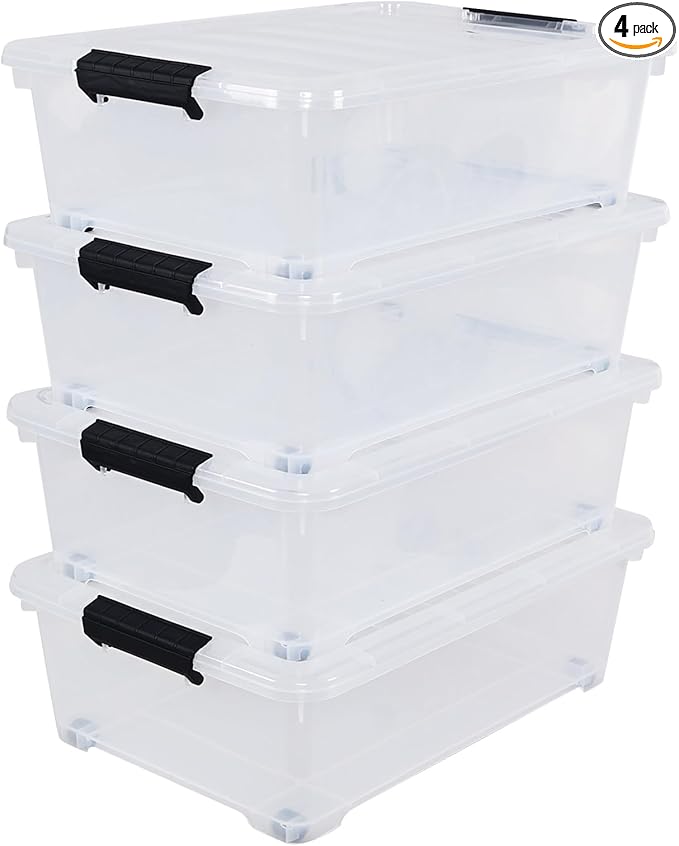 4-Pack 20 L Plastic Under Bed Storage Container with Lids, Underbed Clear Storage Bin with Wheels