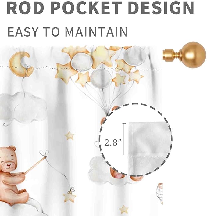 Cartoon Bear Curtains, Kids Boys Girls Cute Lovely Bear Star Cloud Ballon Pastel Window for Baby Living Room Bedroom Nursey Toddler Classroom 2 Panels, 52"x84" Inch