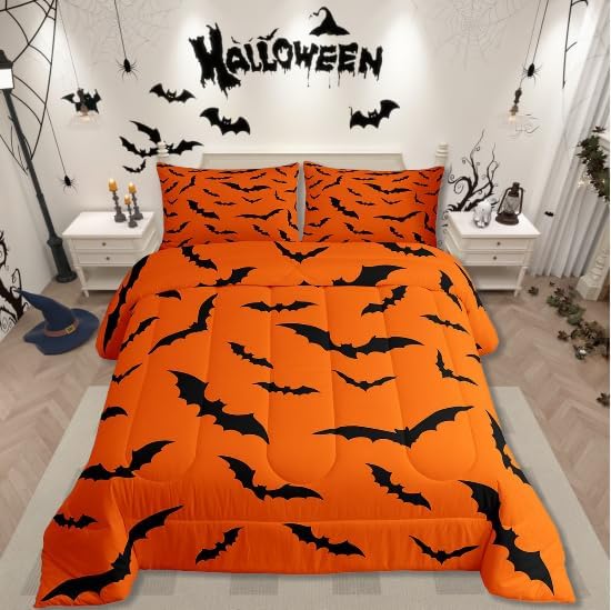 Erosebridal Halloween Comforter Set Gothic Bats Bedding Set Twin Size,Spooky Silhouette Bat Quilt for Kids Boys Girls Adults Flying Mysterious Animals Down Comforter,Horror Spooky Home Decor