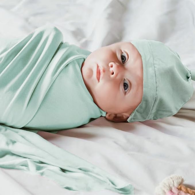 Newborn Swaddle Blanket with Hat Set Baby Swaddle Set Hospital Receiving Blankets for Girls Boys(Sage,35"*35")