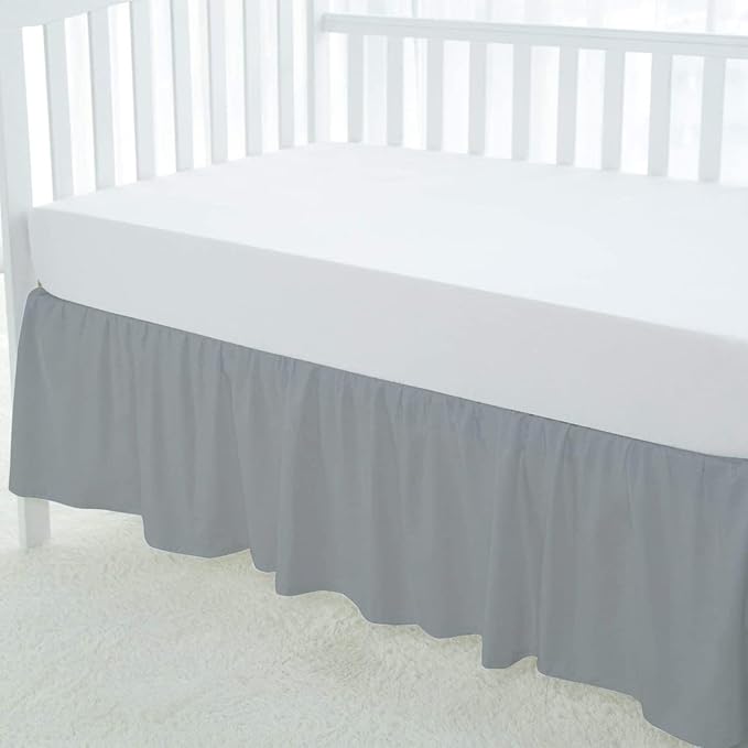 100% Egyptian Cotton, Nursery Crib Toddler (24" x 38" + 10") 800 Thread Count Crib Skirt Dust Ruffle, Bedding Skirts for Baby Boys or Girls, 10" Drop, Silver Solid
