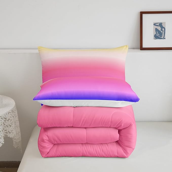 Feelyou Ombre Comforter Queen Set - Pink Purple Rainbow Bedding for Boys Girls, Colorful Gradient Duvet Set, Decorative 3Pcs