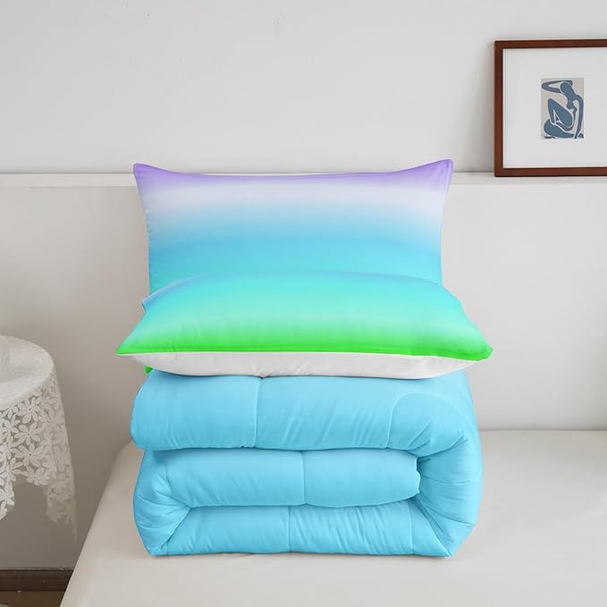 Feelyou Blue Green Ombre Comforter Queen Size, Colorful Gradient Comforter Set for Boys Girls Rainbow Ombre Bedding Set Luxury Modern Duvet Set Decorative Microfiber Bed Set