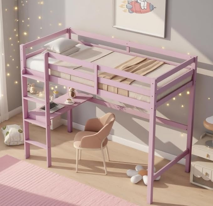 Bellemave Twin Loft Bed with Desk,Loft Bed for Kids, Boys, Girls,Wooden Loft Be Frame with Desk and Ladder, Pink
