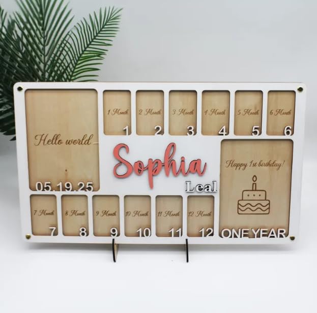 Custom My First Year Photo Frame – Wooden Baby Picture Frame for 1st Birthday Girl Gifts, Personalized Photo Display Board, One Year of Baby Picture Board, First Birthday Decorations