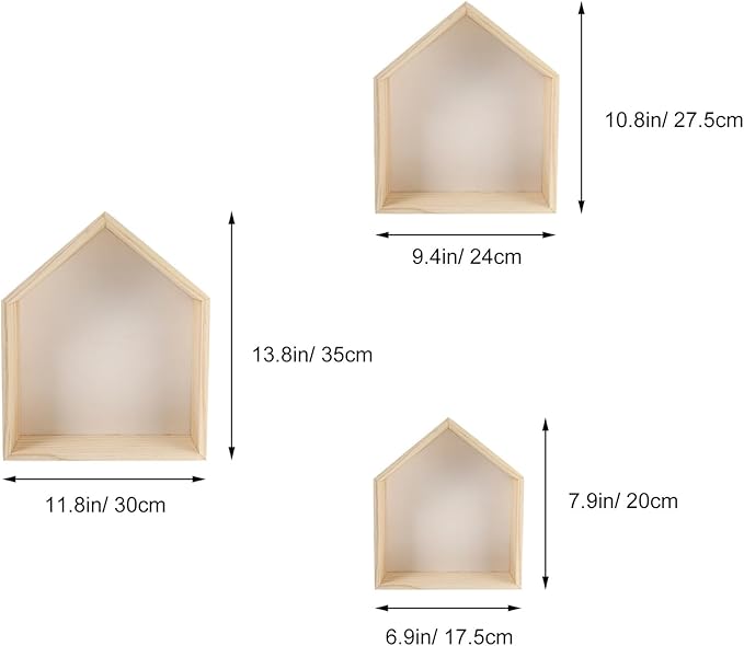 Angoily 3pcs House Shaped Floating Shelves Wall-Mounted Wood Storage Rack for Home Decor Modern Geometric Design with Strong Bearing for Stationery Plants Ornaments Display