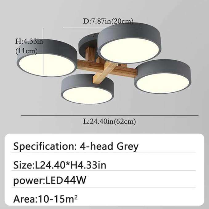 LED Flush Mount Ceiling Light Fixture with 3000K/4000K/6000K Temperatures Selectable,24Inch 44W Chandelier Modern Wood Ceiling Lamp for Bedroom Kitchen, 4-Lights Indoor Lighting Grey Pendant Light