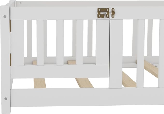 Bellemave Twin Size Floor Bed with Rails for Kids, Girls, Boys, Pine,Plywood Floor Bed with slats and Door, White