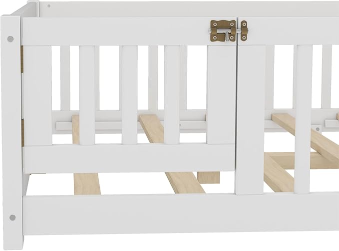 Bellemave Full Size Floor Bed with Rails for Kids, Girls, Boys, Pine,Plywood Floor Bed with slats and Door, White
