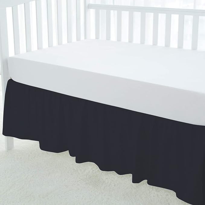 100% Egyptian Cotton, Nursery Crib Toddler (28" x 52" + 14") 800 Thread Count Crib Skirt Dust Ruffle, Bedding Skirts for Baby Boys or Girls, 14" Drop, Black Solid
