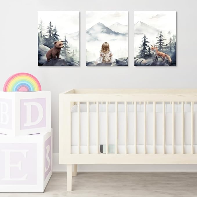 Baby Girl With Animals Adventure Nursery Wall Art, Adventure Toddler Decor, Outdoor Woodland Nursery Wall Decor for Girl's Bedroom, Mountain Forest Landscape Kid Art Print, Framed Set of 3, 12"x16"x3
