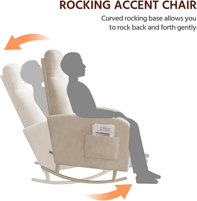 Rocking Chair Nursery, Upholstered Glider Chair with Side Pocket, Modern Nursery Chair with High Backrest and Rubber Metail Legs, Accent Armchair for Living Room Bedroom Indoor (Beige Velvet)