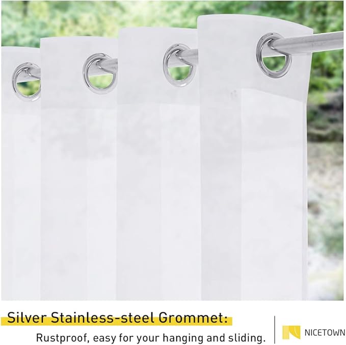 NICETOWN 2 Panels Waterproof Patio Curtains 96 inch Long, Rustproof Grommet Extra Wide Indoor Outdoor Light Filtering Drapes Elegant for French/Sliding Door, W100 x L96, White