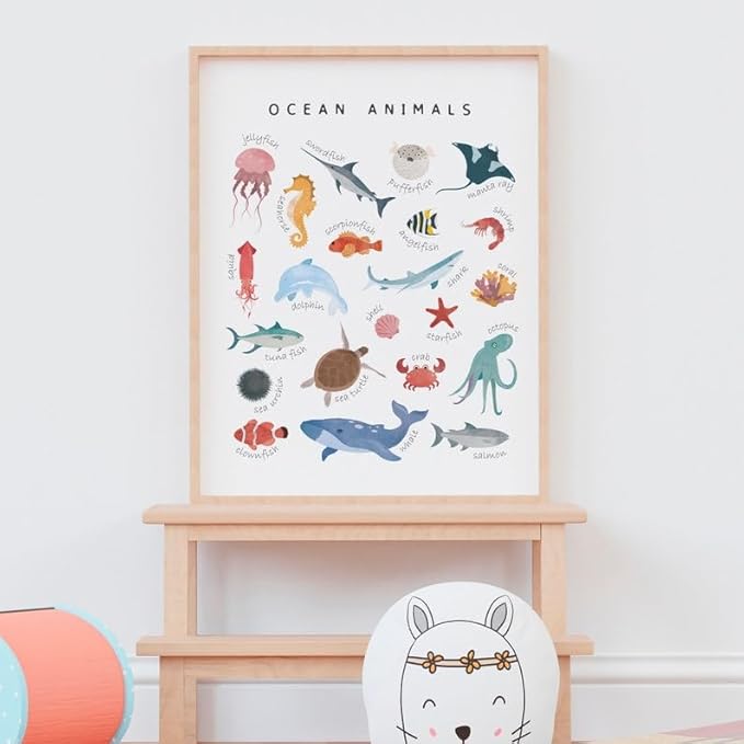 OZCONO Ocean Animals Learning Poster, Vibrant Sea Life Chart Kids, Preschool Wall Decor Art, Homeschool Education Guide (Unframed) (27x40)