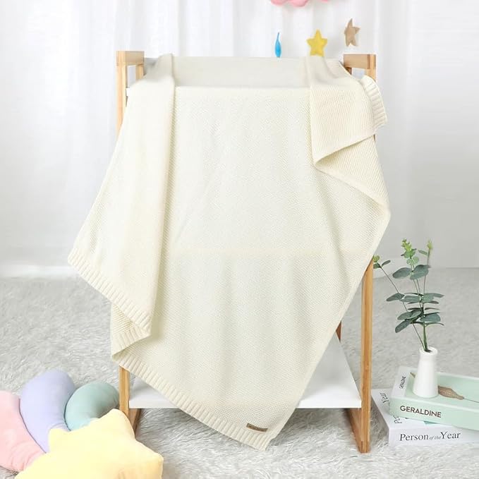 Neiwech Baby Blanket Boy Girl Cotton Knitted Soft Swaddling Receiving Baby Blankets for Newborn Toddler Crib Stroller A-White 30 x 40 Inch