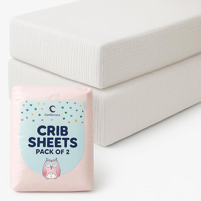 White Muslin Crib Sheets Set of 2, 52x28 Crib Mattress Sheets Soft Muslin Cotton, Fits Standard Rectangular & Oval Mattress, Neutral Nursery Bedding, No Shrinking, Fitted Crib Sheet
