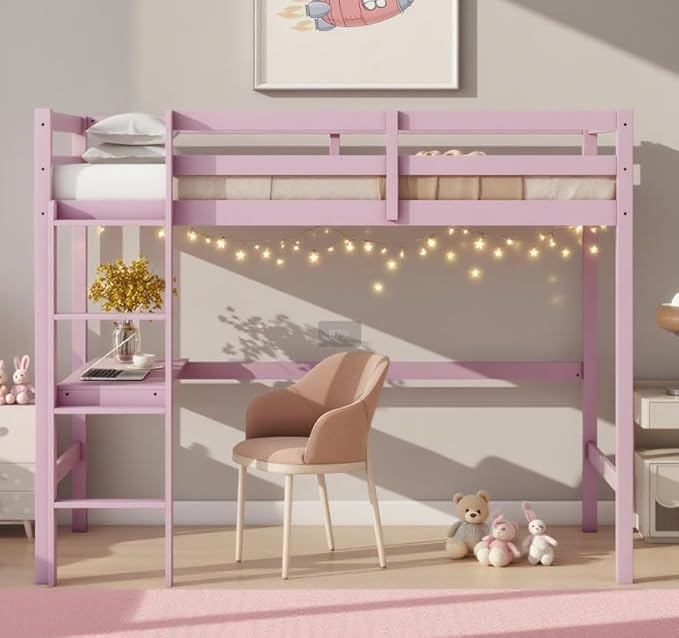 Bellemave Twin Loft Bed with Desk,Loft Bed for Kids, Boys, Girls,Wooden Loft Be Frame with Desk and Ladder, Pink