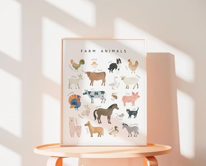 OZCONO Farm Animals Learning Poster, Vibrant Rural Wildlife Chart Kids, Playroom Wall Decor Art, Homeschool Education Guide (Unframed) (11x14)