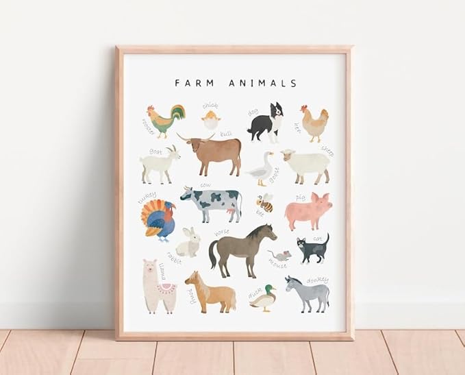 OZCONO Farm Animals Learning Poster, Vibrant Rural Wildlife Chart Kids, Playroom Wall Decor Art, Homeschool Education Guide (Unframed) (9x11)