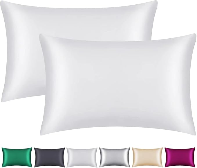 100% Mulberry Silk Pillowcase 2 Pack for Hair and Skin,with Hidden Zipper,Both Sides 22 Momme Natural Silk Pillow Cover,Soft Breathable & Smooth (White, Queen)