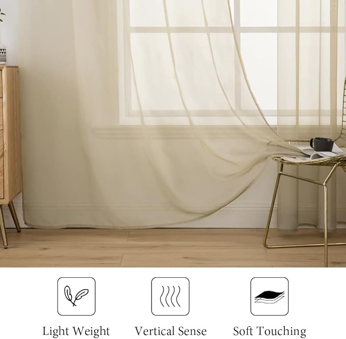 MIULEE Beige Window Sheer Curtains for Bedroom Living Room Solid Elegant Net Drapes 2 Panels Width 38 x Length 45 Inches