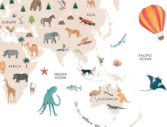 OZCONO Animal World Map Poster, Kids Educational Geography Decor, Safari Animals Nursery Art, Montessori Learning Wall Print (Unframed) (11x14)