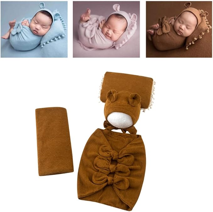 Vemonllas Newborn Baby Boy Girl Photography Props Bow Wrap, Posing Aid, Hat and Blanket Set of 4 Pcs