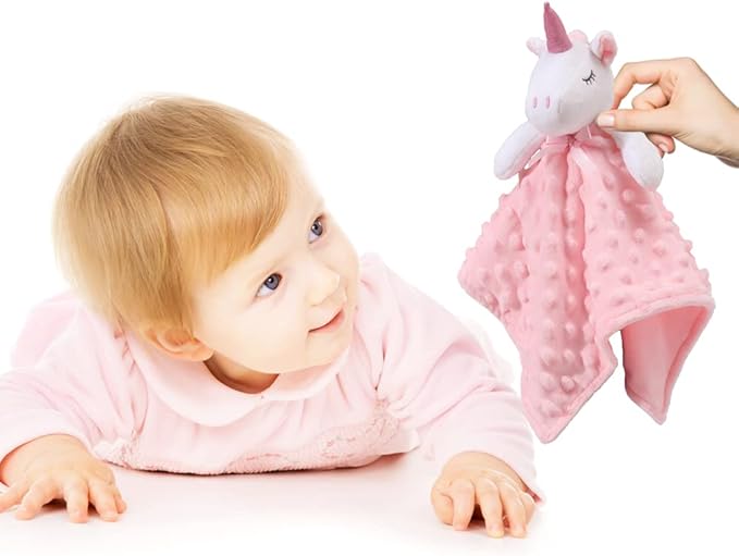 CREVENT Cozy Plush Baby Security Blanket Loveys for Baby Girls, Minky Dot Front + Sherpa Backing with Animal Face (Pink Unicorn)