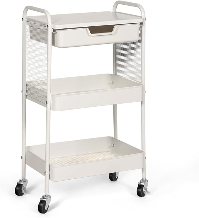 3-Tier Rolling Cart with Drawer, Metal Utility Storage Cart Organizer with Lockable Wheels&Hanging Cups&Hooks, Mobile Storage Craft Carts Trolley with Mesh Shelves for Kitchen, Office-White