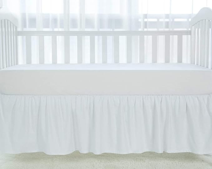 100% Egyptian Cotton, Nursery Crib Toddler (28" x 52" + 16") 800 Thread Count Crib Skirt Dust Ruffle, Bedding Skirts for Baby Boys or Girls, 16" Drop, White Solid